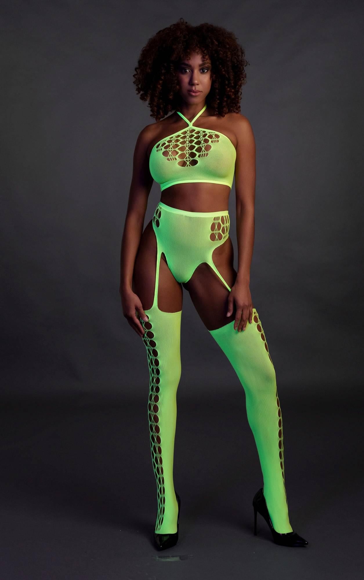 4-Two Piece with Crop Top and Stockings - Green - XS/XL-4