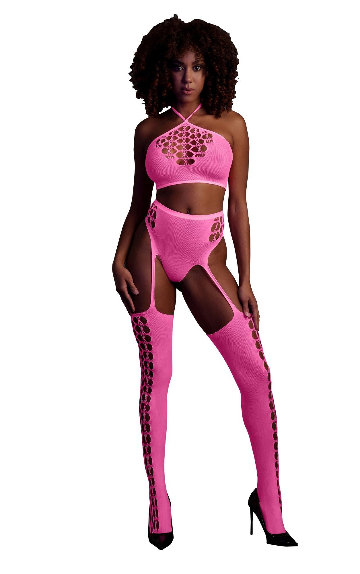 1-Two Piece with Crop Top and Stockings - Pink - XS/XL-1