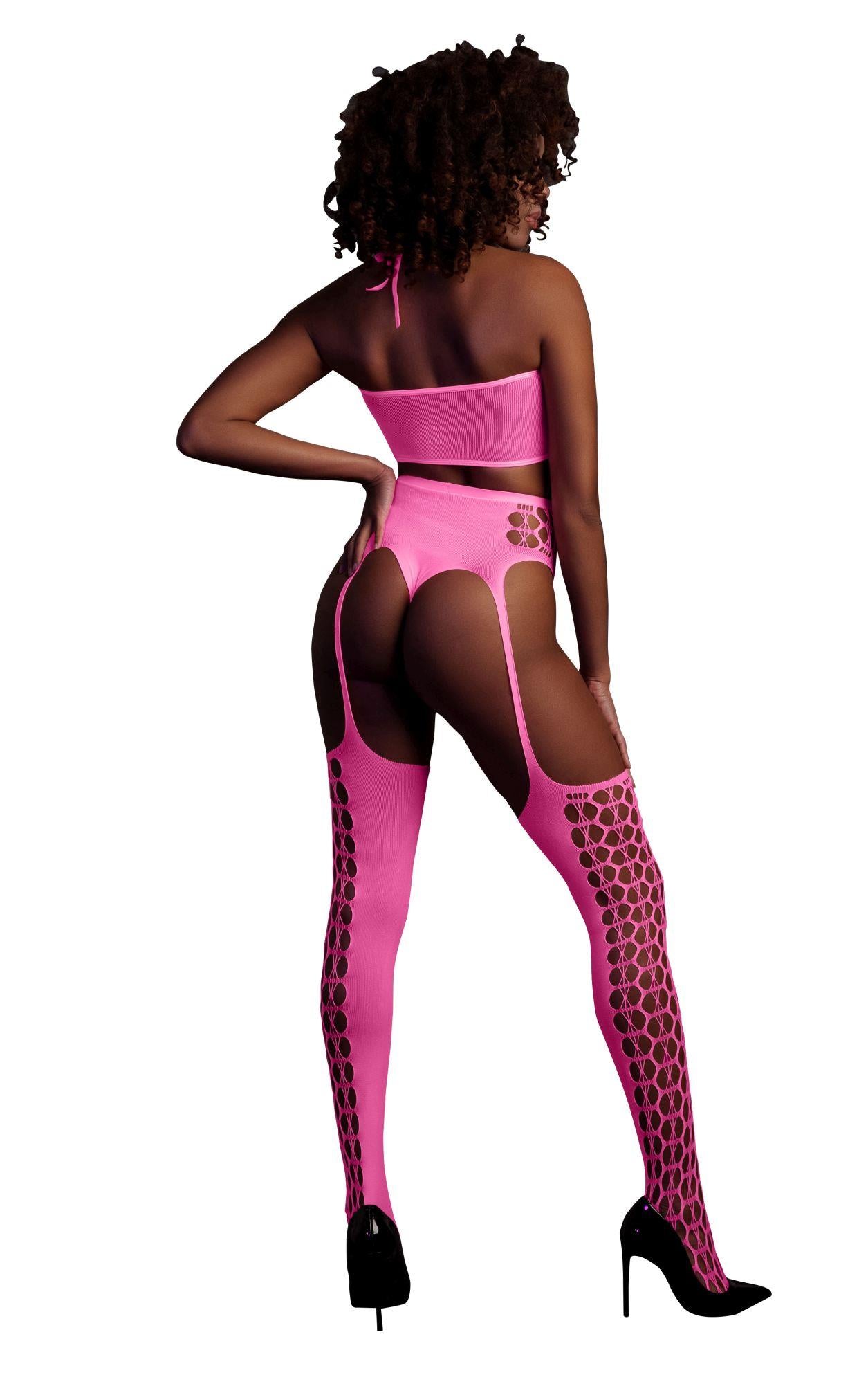 2-Two Piece with Crop Top and Stockings - Pink - XS/XL-2