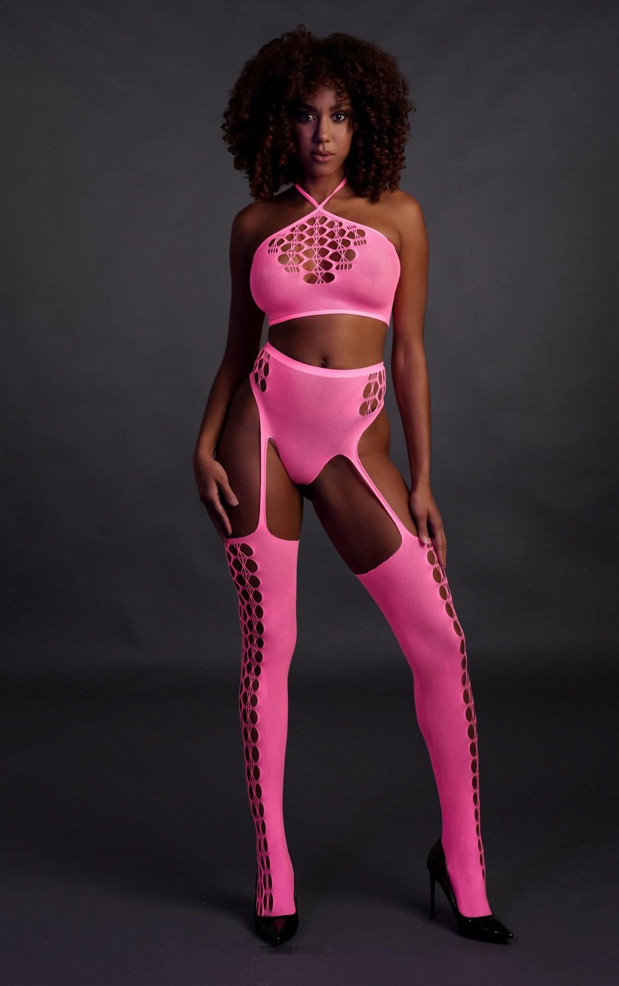 4-Two Piece with Crop Top and Stockings - Pink - XS/XL-4
