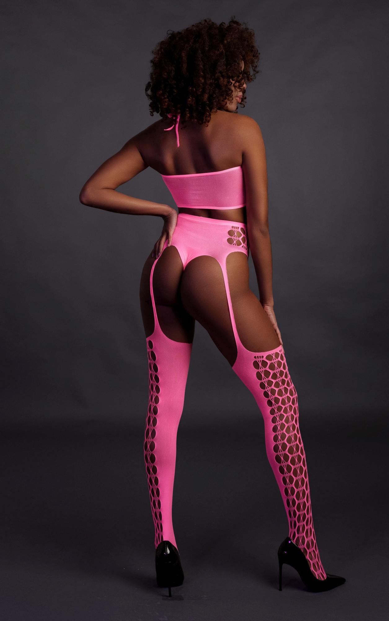 5-Two Piece with Crop Top and Stockings - Pink - XS/XL-5