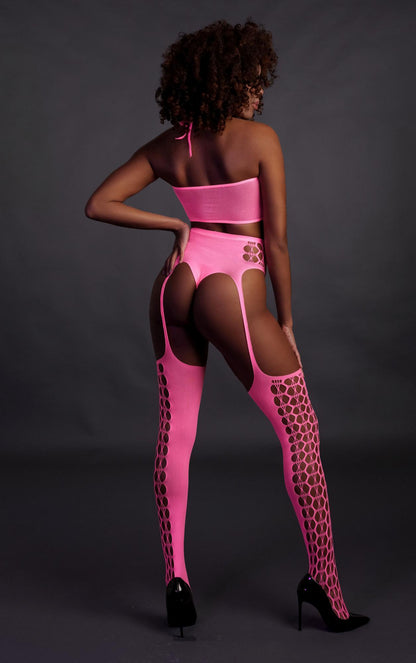5-Two Piece with Crop Top and Stockings - Pink - XS/XL-5