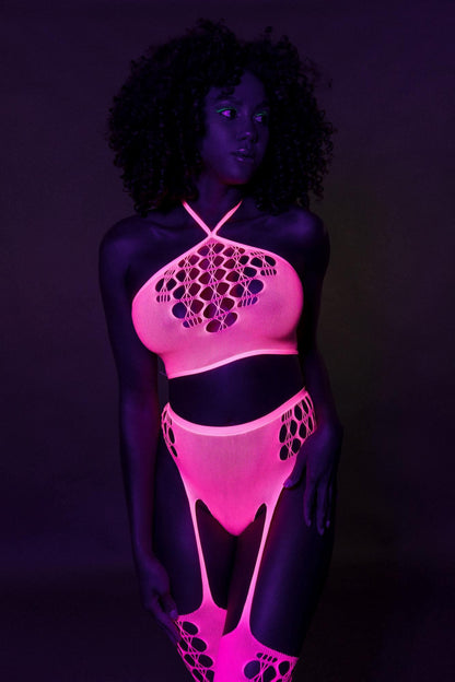 8-Two Piece with Crop Top and Stockings - Pink - XS/XL-8