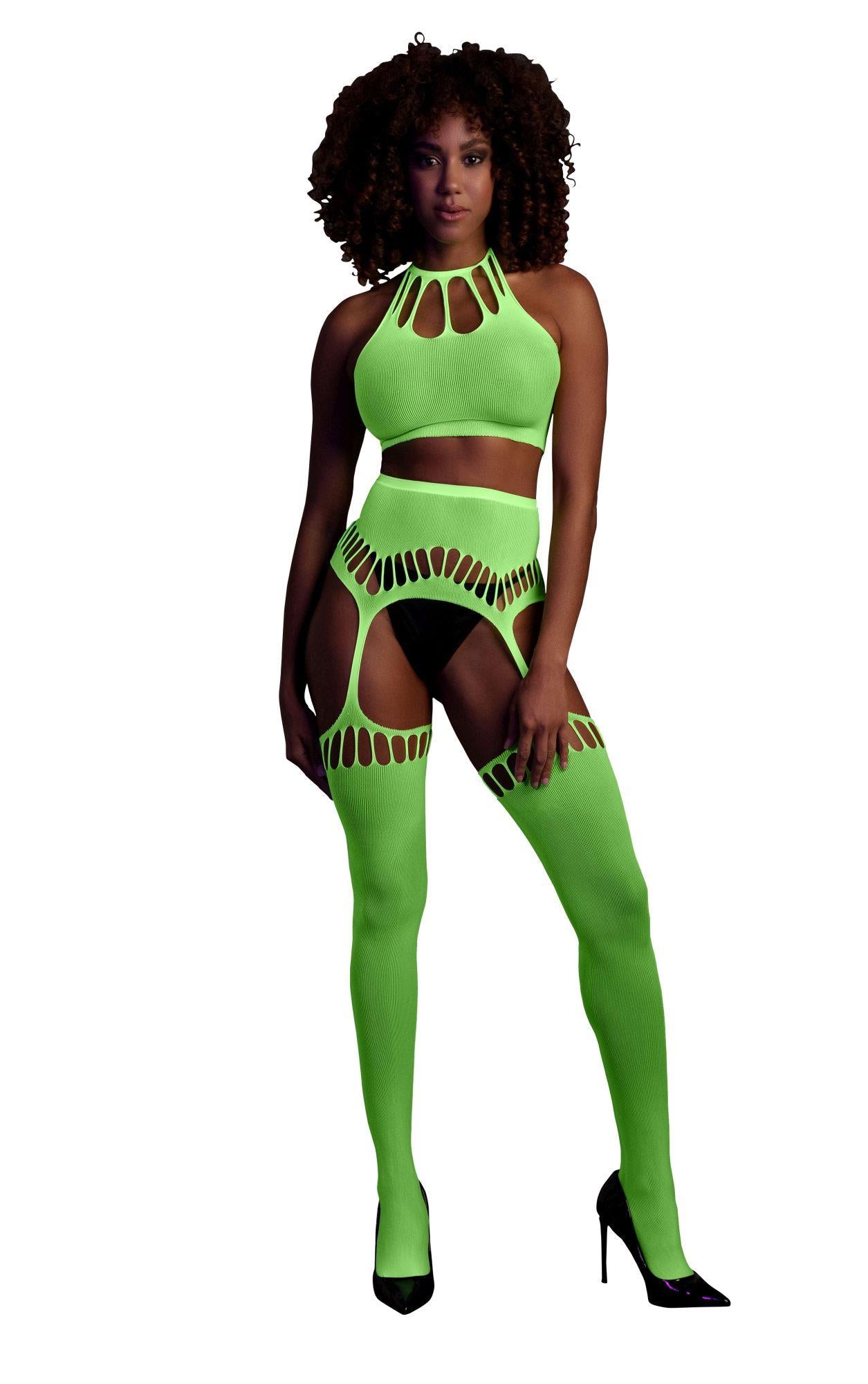 1-Two Piece with Crop Top and Stockings - Green - XS/XL-1