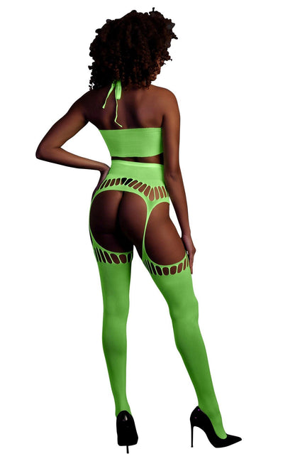 2-Two Piece with Crop Top and Stockings - Green - XS/XL-2