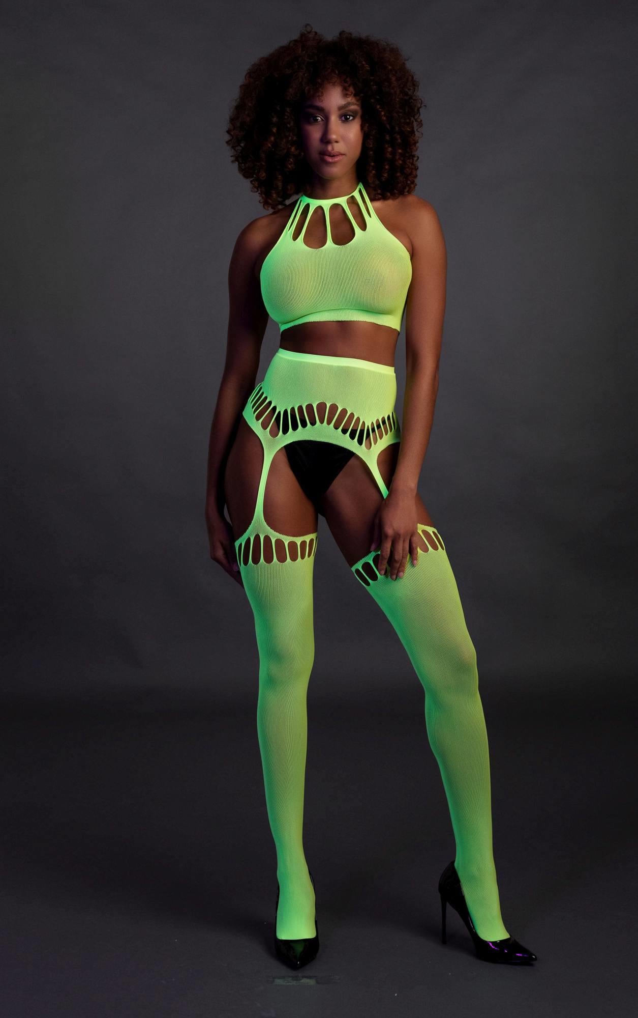 4-Two Piece with Crop Top and Stockings - Green - XS/XL-4