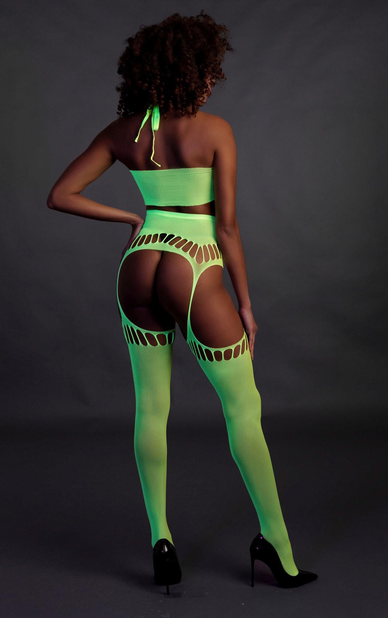 5-Two Piece with Crop Top and Stockings - Green - XS/XL-5