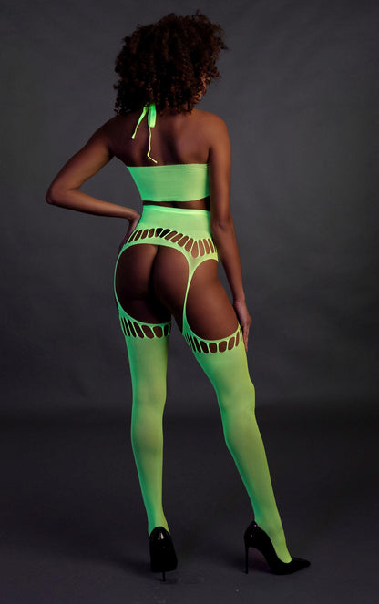 5-Two Piece with Crop Top and Stockings - Green - XS/XL-5