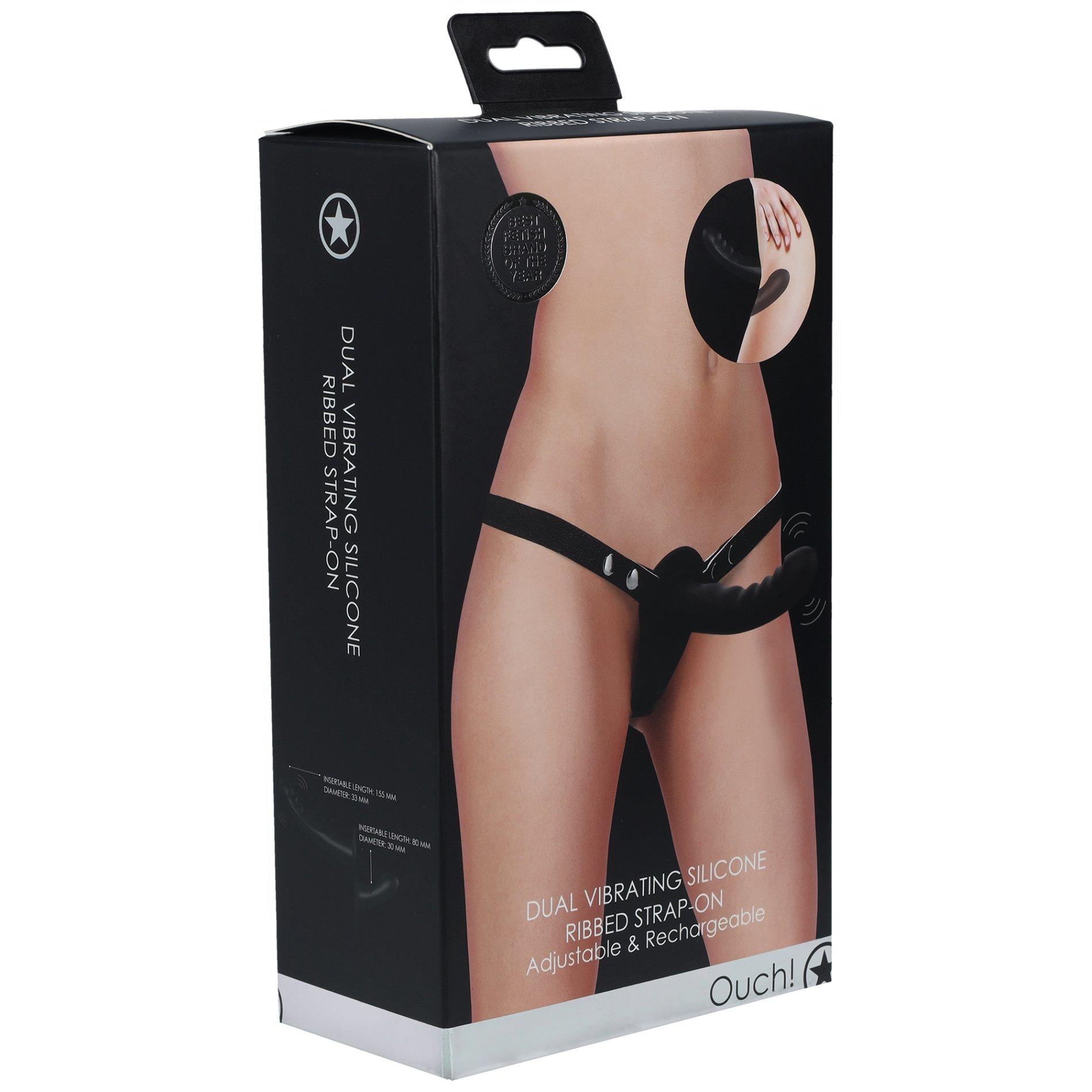 3-Ouch! - Dual Vibrating - Rechargeable - 10 Speed Silicone Ribbed Strap-On - Adjustable - Black-3
