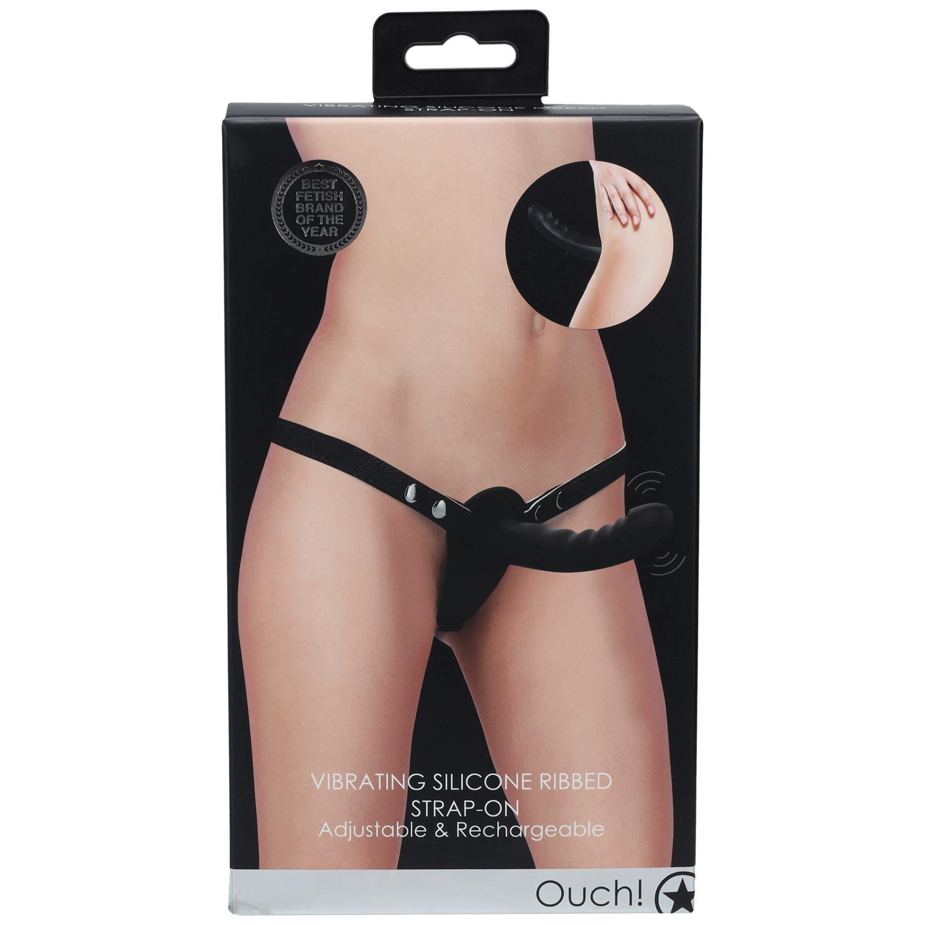 3-Ouch! - Vibrating - Rechrgeable - 10 Speed Silicone Ribbed Strap-On - Adjustable - Black-3
