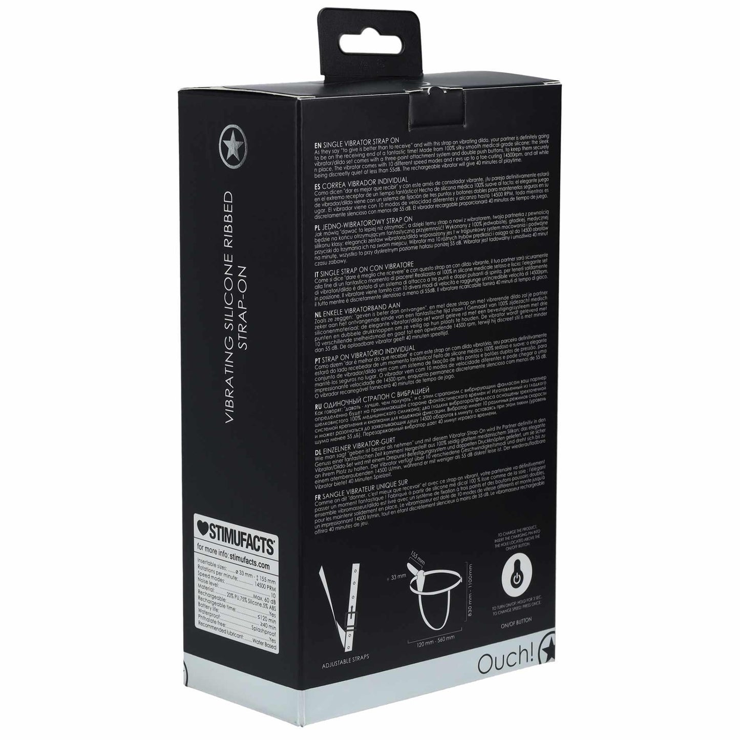 4-Ouch! - Vibrating - Rechrgeable - 10 Speed Silicone Ribbed Strap-On - Adjustable - Black-4