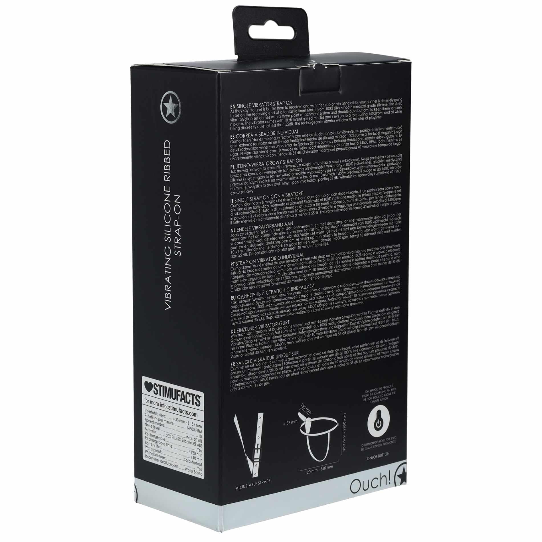 4-Ouch! - Vibrating - Rechrgeable - 10 Speed Silicone Ribbed Strap-On - Adjustable - Black-4