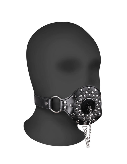 2-SKÓRZANY CZARNY KNEBEL Z CWIEKAMI I OTWOREM Z ZATYCZKĄ BDSM OSTRY SEX-2