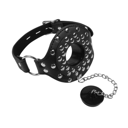 11-SKÓRZANY CZARNY KNEBEL Z CWIEKAMI I OTWOREM Z ZATYCZKĄ BDSM OSTRY SEX-11
