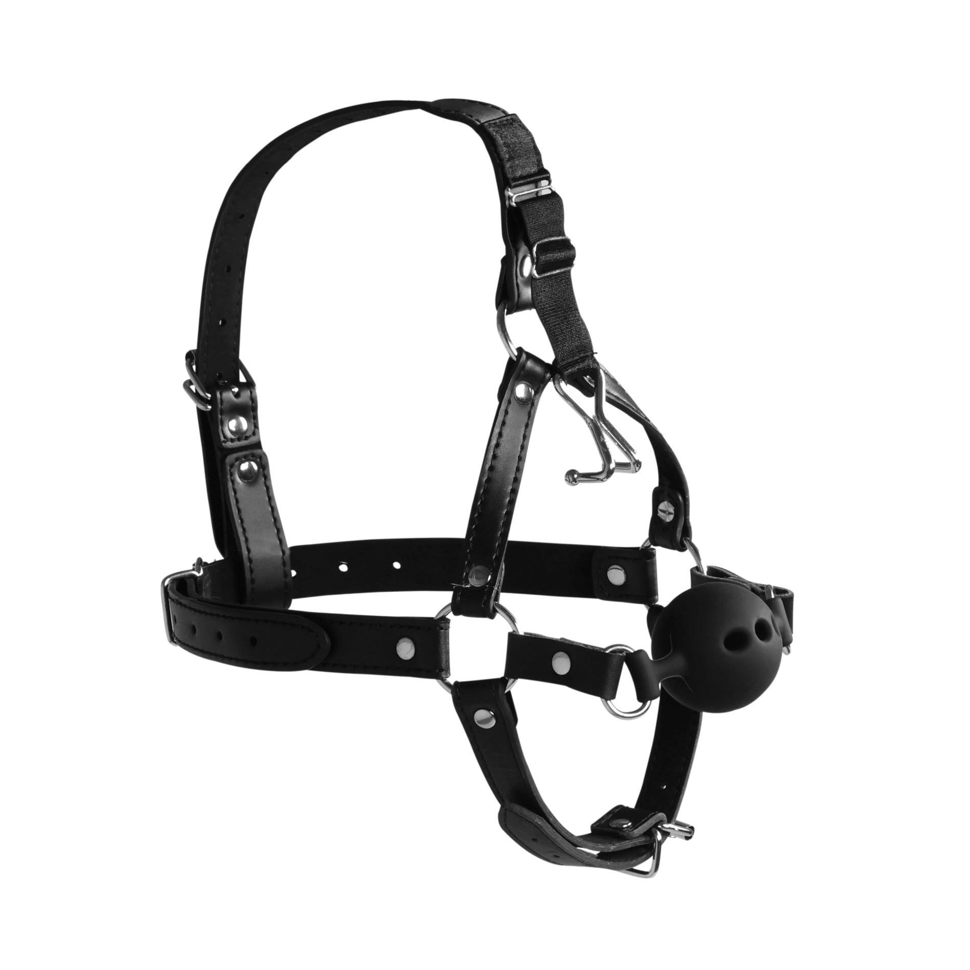 7-Head Harness with Breathable Ball Gag and Nose Hooks - Black-7