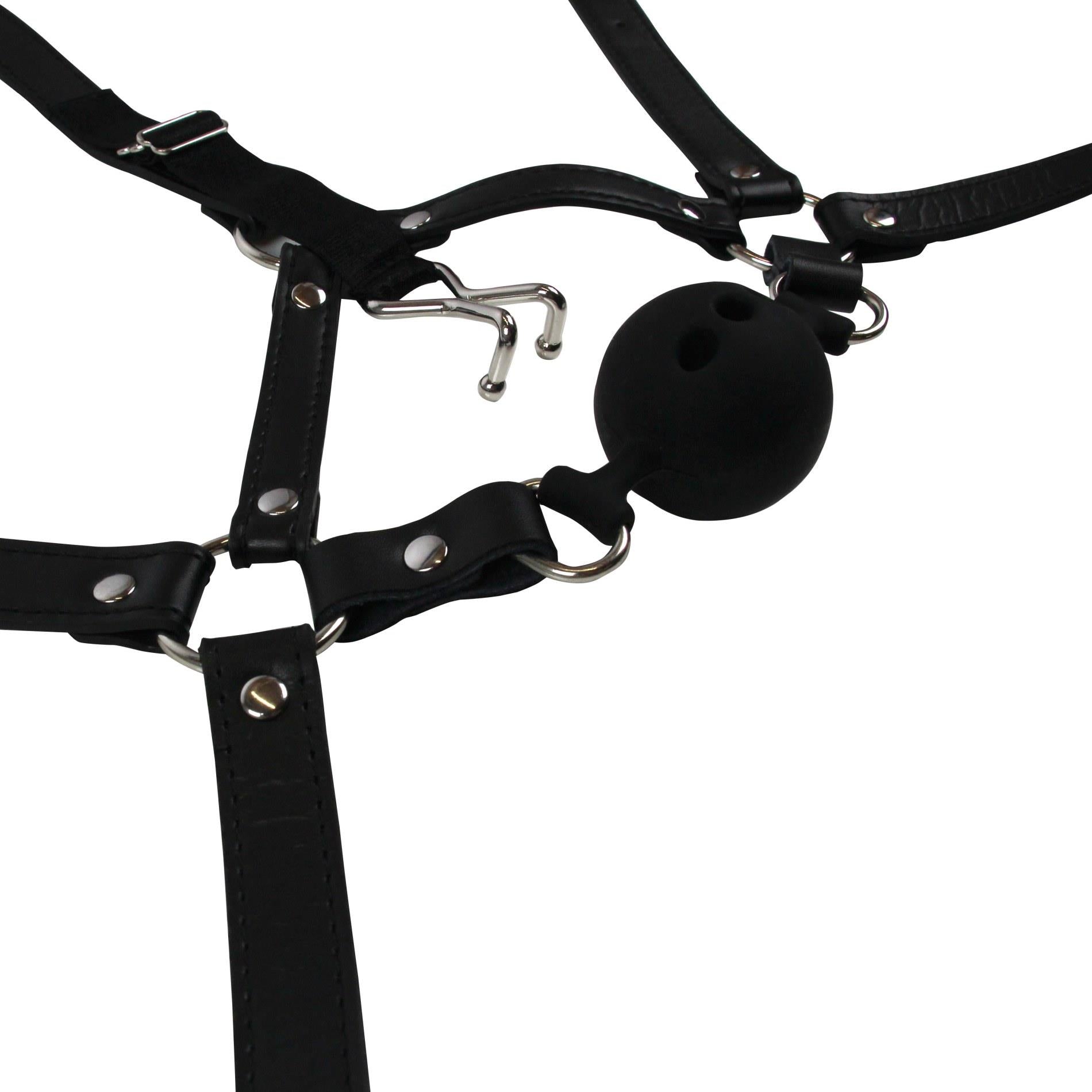 8-Head Harness with Breathable Ball Gag and Nose Hooks - Black-8
