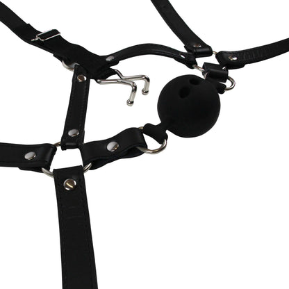 8-Head Harness with Breathable Ball Gag and Nose Hooks - Black-8