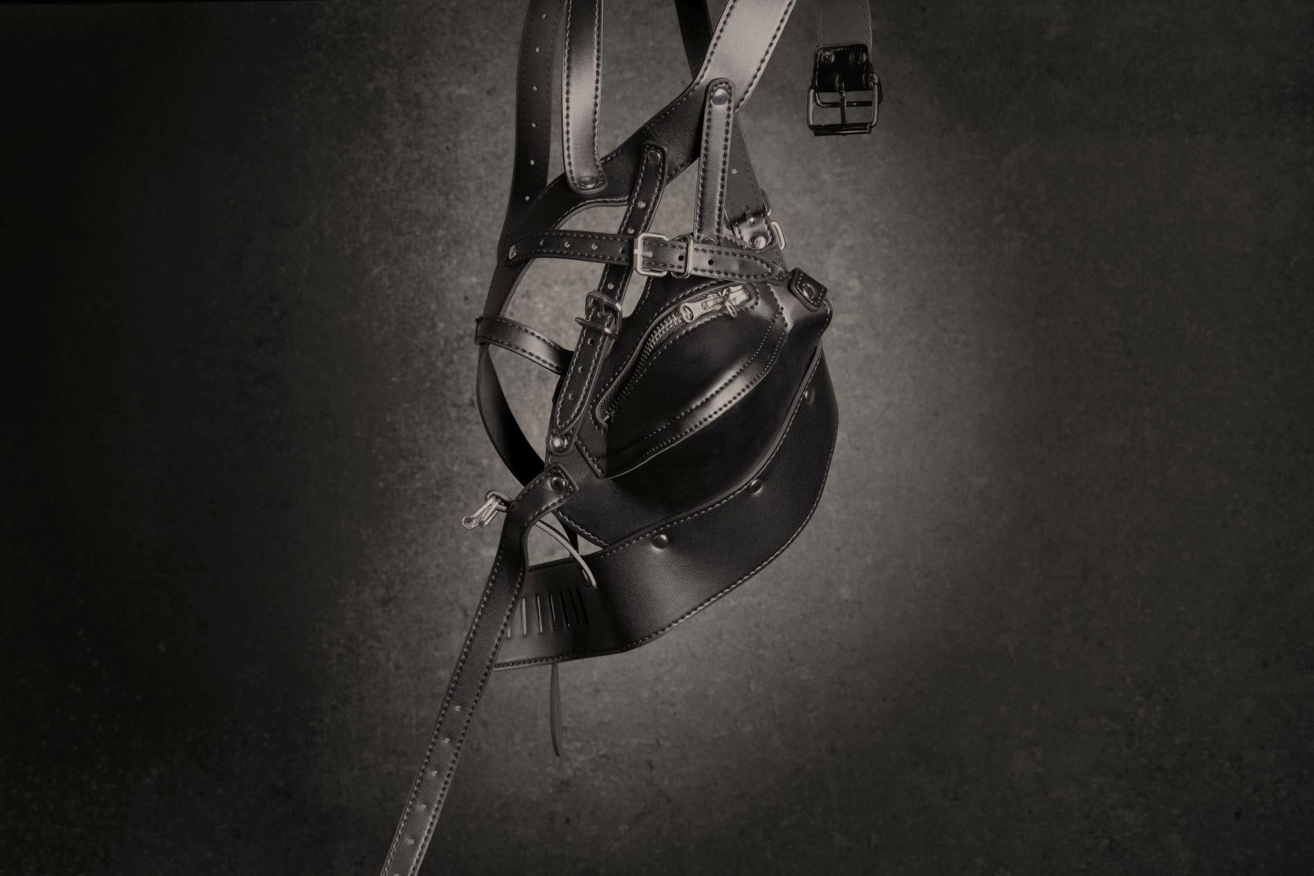 11-Head Harness with Zip-up Mouth and Lock - Black-11