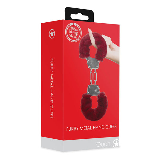 2-Furry Metal Hand Cuffs - Red-2