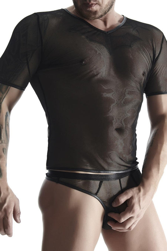 1-Męski komplet z elastycznej siatki: t-shirt w serek, stringi s-1