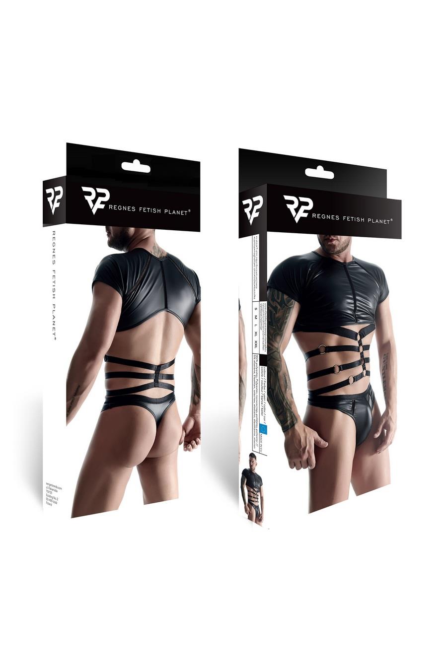 7-Męski komplet z wetlooka: t-shirt z ozdobną gumą, stringi z ozdobną taśmą z przodu m-7