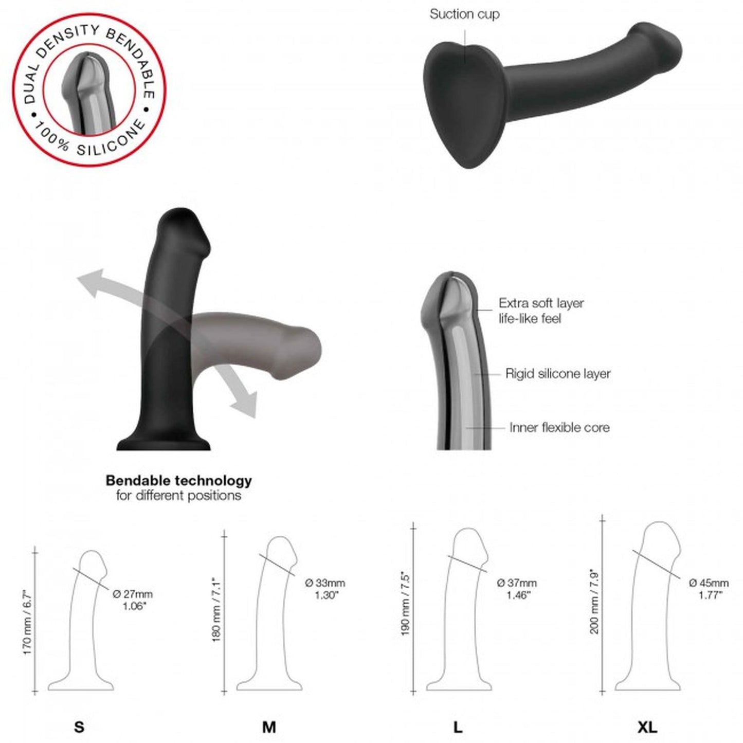 2-Gładkie czarne dildo miękkie z przyssawką 18 cm-2