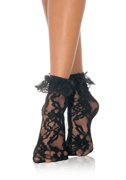 1-Bielizna-LACE ANKLET WITH RUFFLE BLACK OS-1